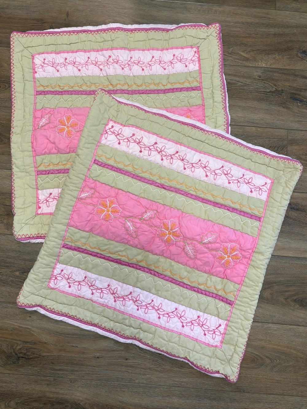 Pottery Barn Teen Pink Floral Embroidered Patchwork Euro Shams 24”
